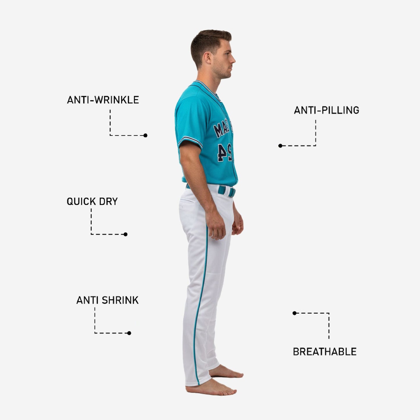 Custom Baseball Uniform in Ball Blue - Full Button Jersey & Pants Team Name & Number Set