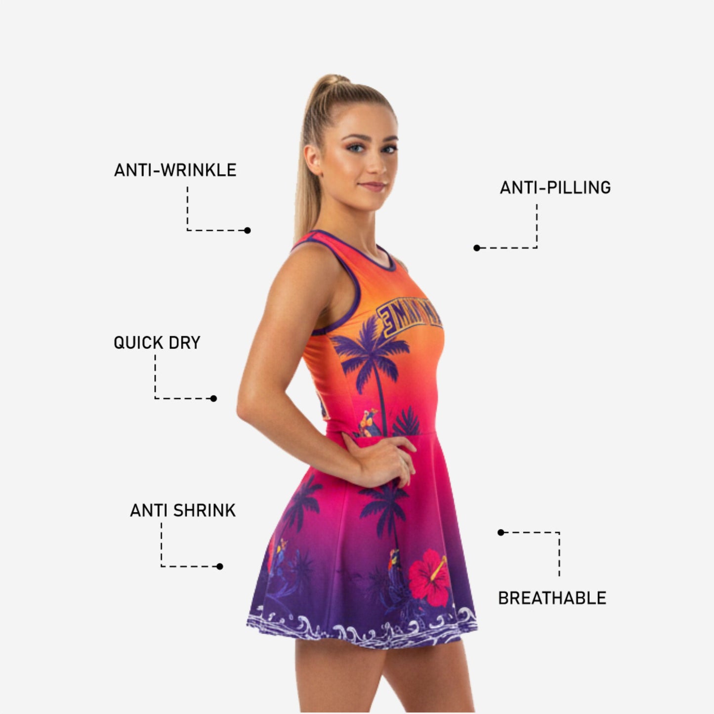 Custom Cheerleading Uniform Dress - Tropical Sunset Gradient Palm Tree Design