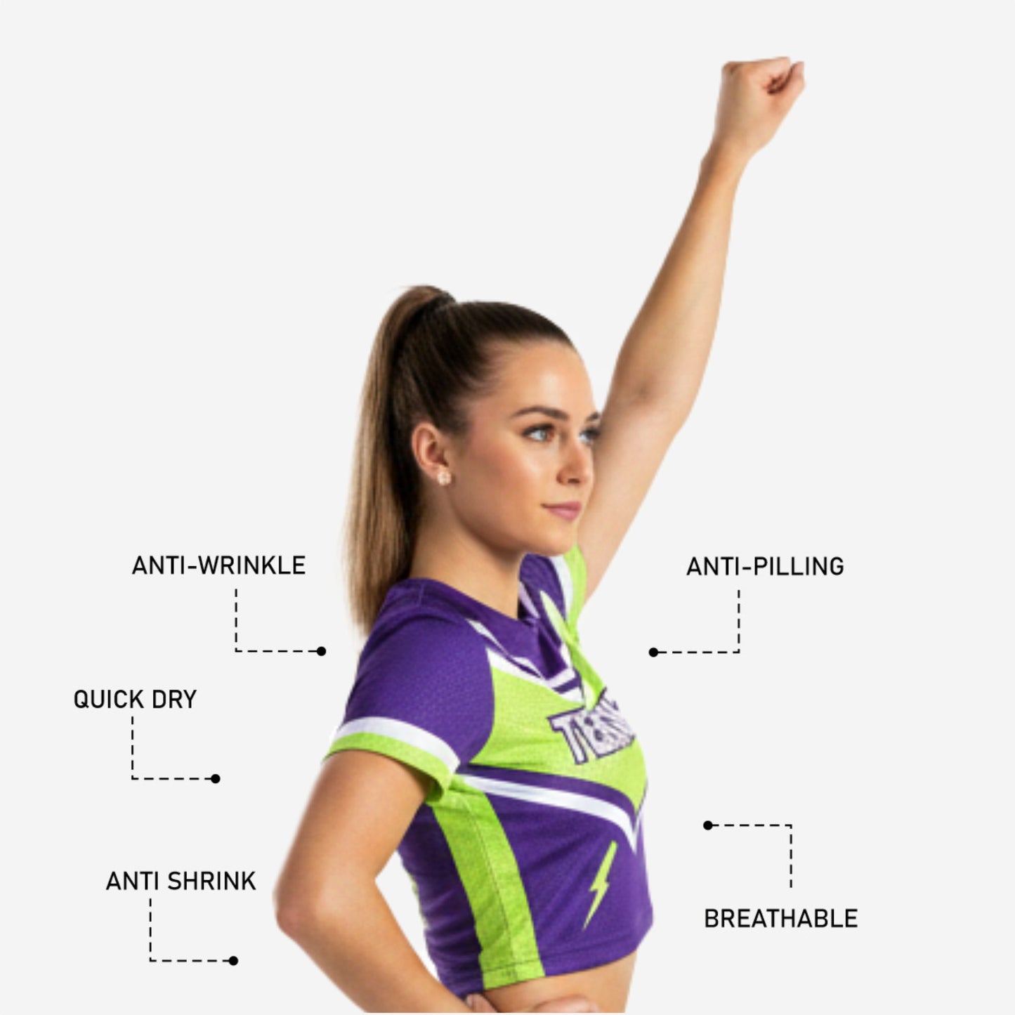 Custom Cheerleading Crop Top - Purple Lime Green Design