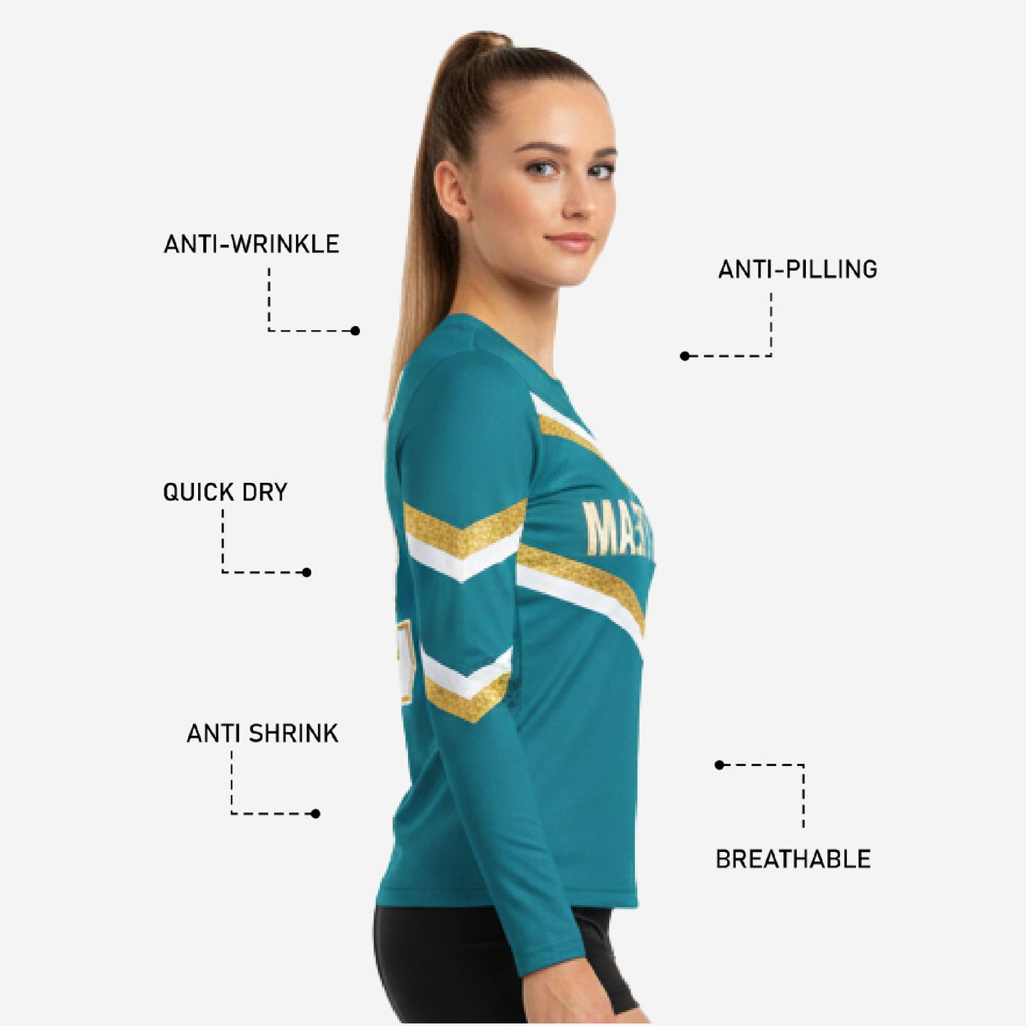 Custom Long Sleeve Cheerleading Jersey - Teal Blue Practice Jersey