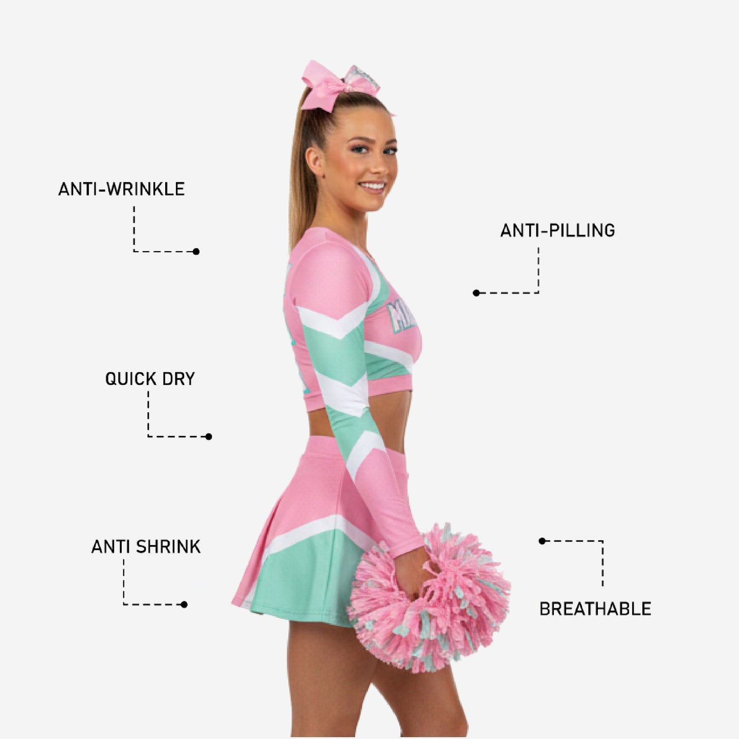 Custom Cheerleading Pink Uniform Set - Long Sleeve Crop Top & Skirt Team Name Design