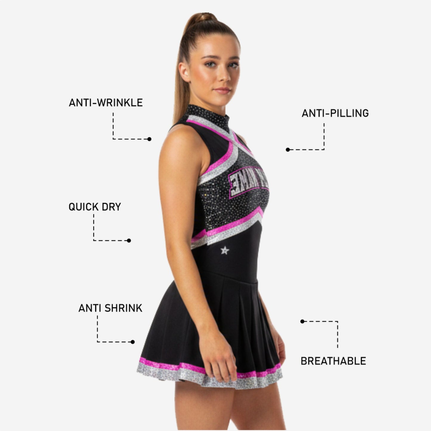 Sleeveless Cheerleading Uniform Dress - Custom Team Name & Number Black
