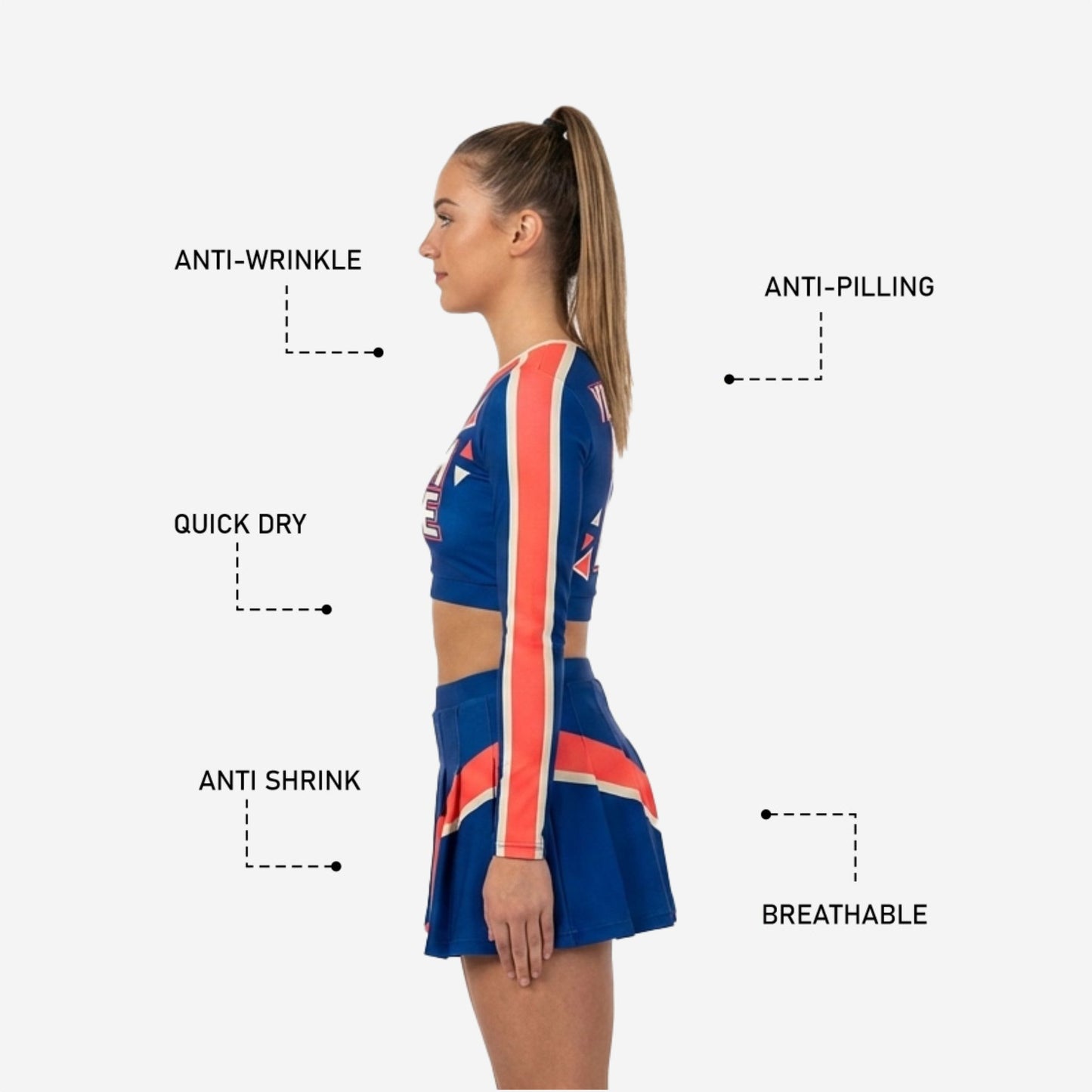Custom Cheerleading Uniforms Set - Long Sleeve Crop Top & Skirt with Built-in Shorts