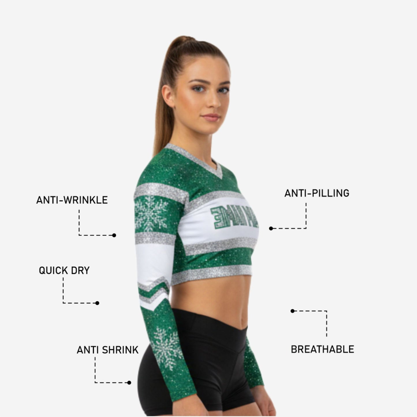 Personalized Long Sleeve Cheerleading Crop Top in Green