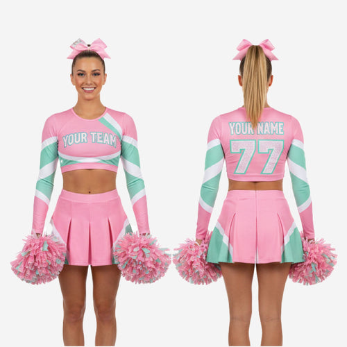 Custom Cheerleading Pink Uniform Set - Long Sleeve Crop Top & Skirt Team Name Design