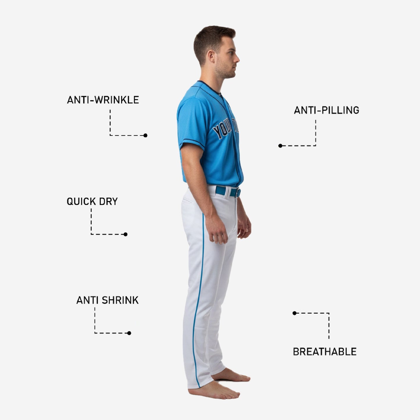 Personalized Baseball Uniform in Blue - Custom V-Neck Jersey & Pants Complete Team Set