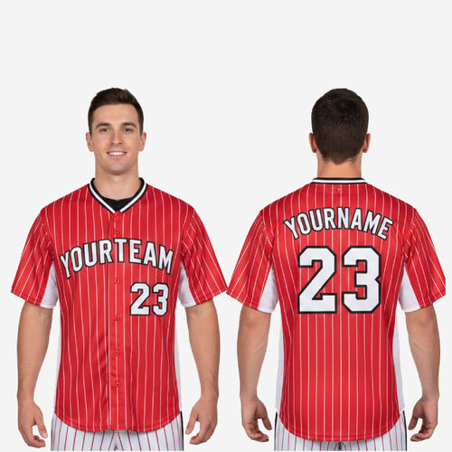 Custom Baseball Team Jersey Red - Pinstripe Full Button Custom Name Number