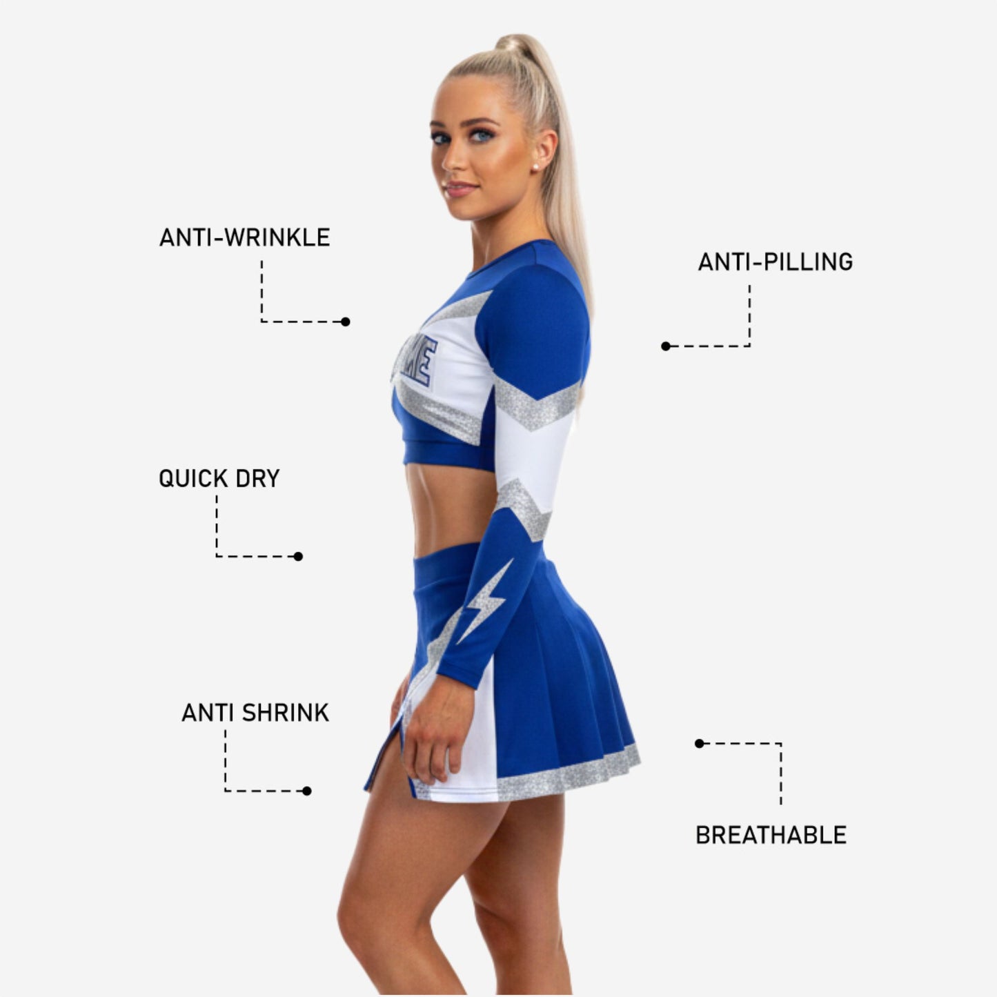 Custom Cheerleading Uniforms Set - Long Sleeve Crop Top & Skirt with Built-in Shorts