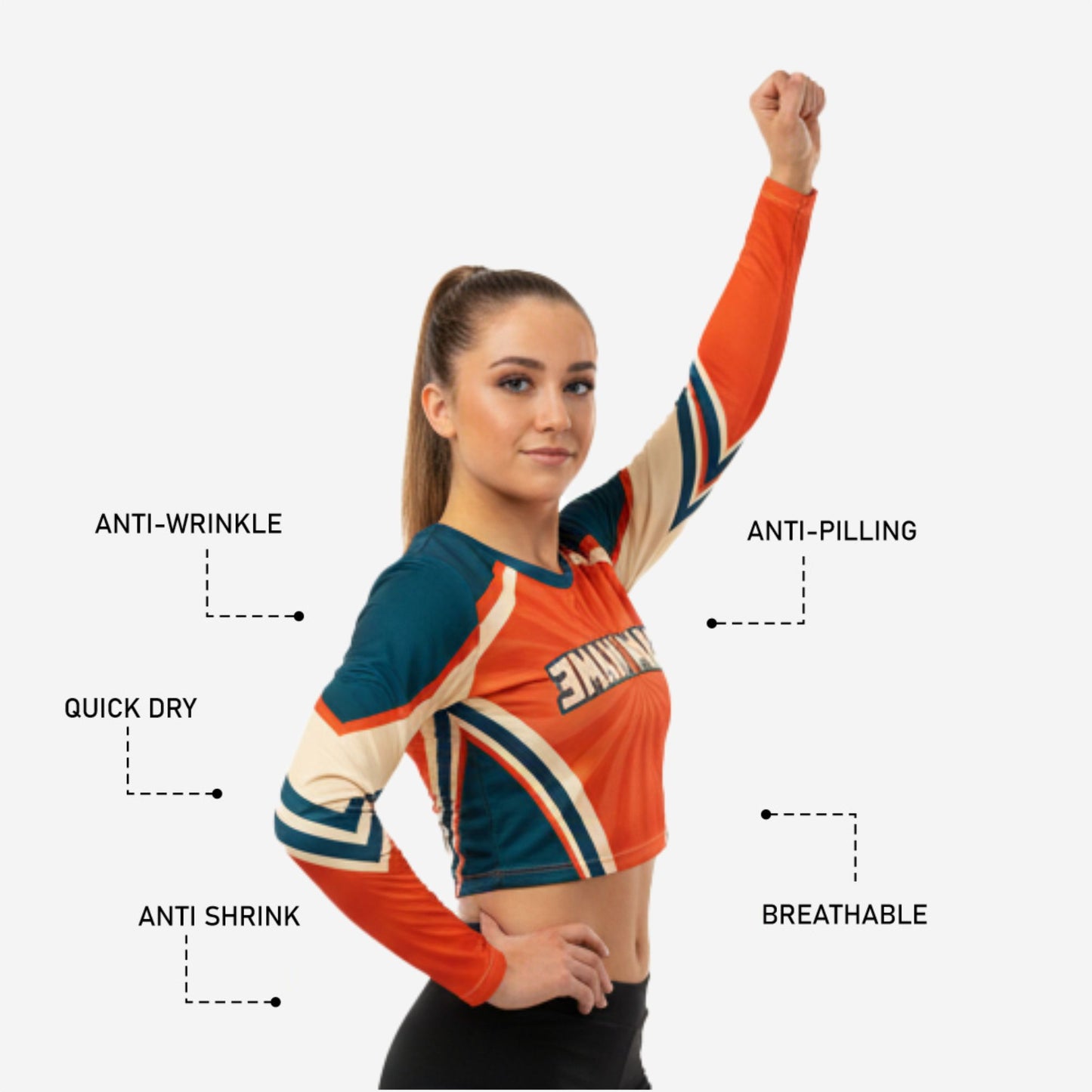 Long Sleeve Custom Sublimated Cheerleading Crop Top - Orange and Green Design