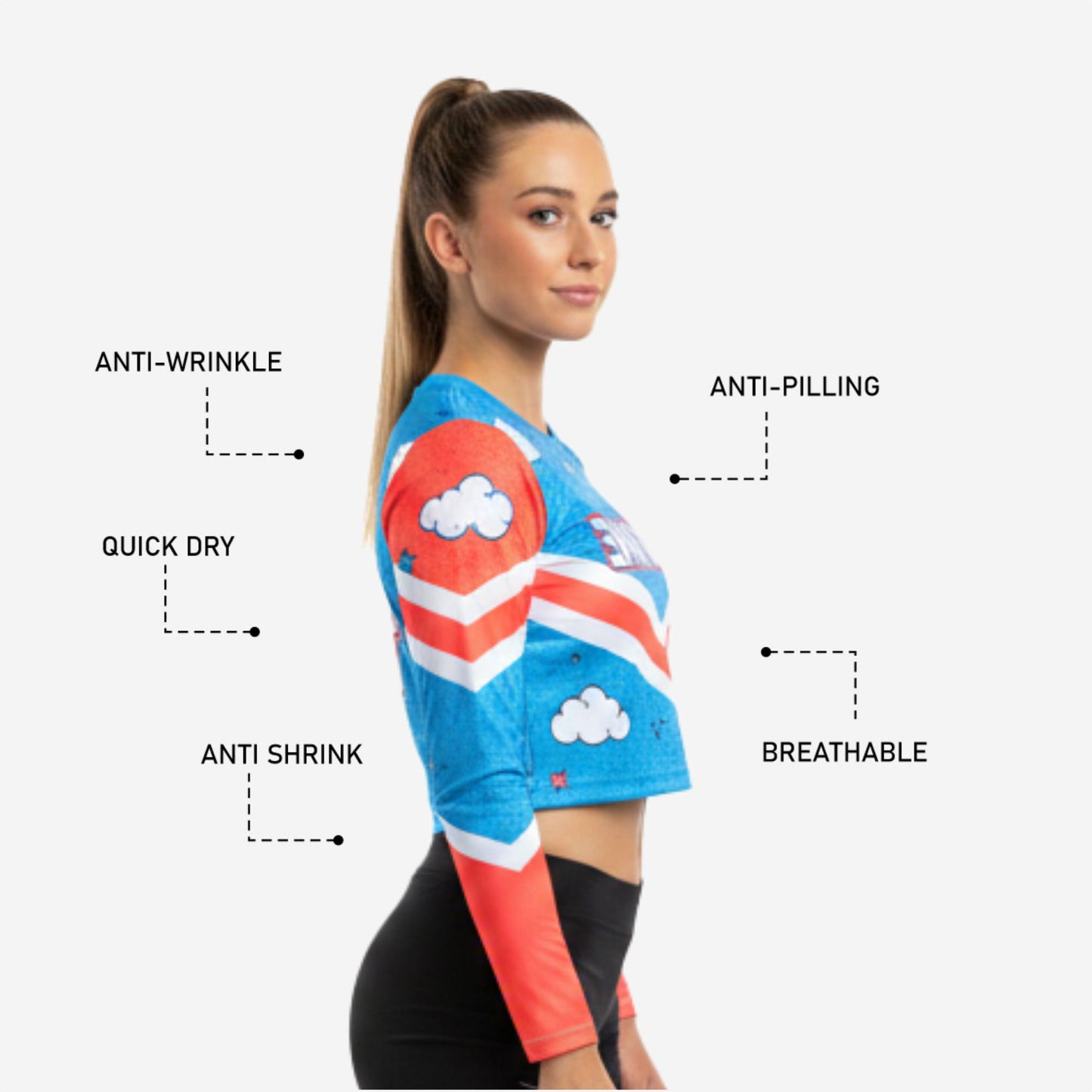 Long Sleeve Cheerleading Crop Top - Personalized Blue Red Cloud Print Jersey