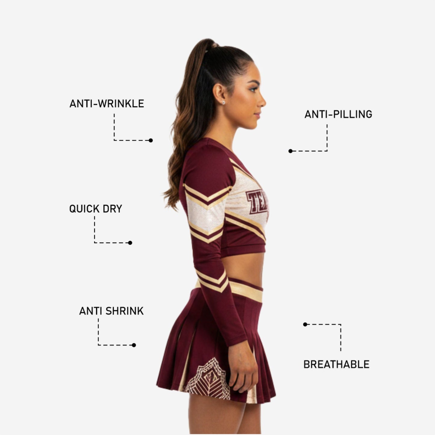 Custom Cheerleading Uniforms Set - Long Sleeve Crop Top & Skirt with Built-in Shorts