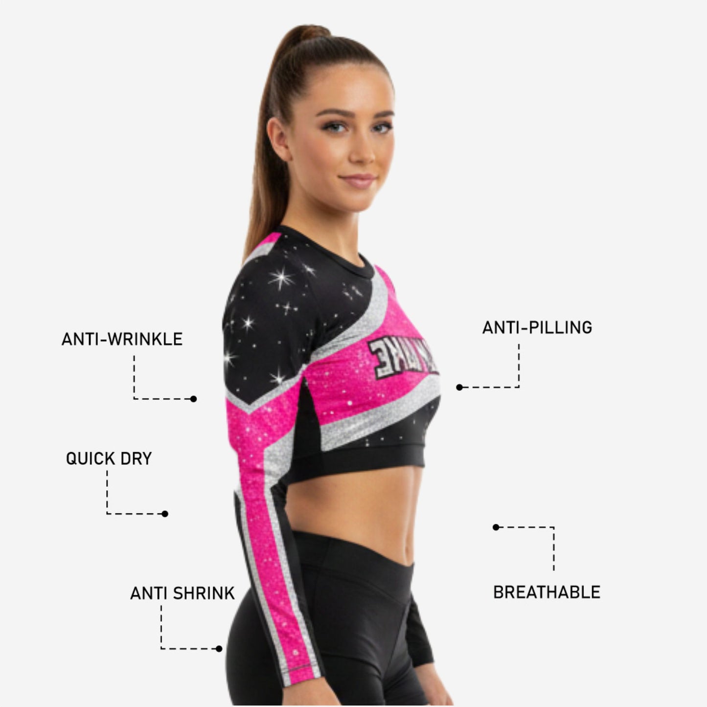 Custom Cheerleading Crop Top with Numbers - Black Hot Pink Silver Sparkle Uniform