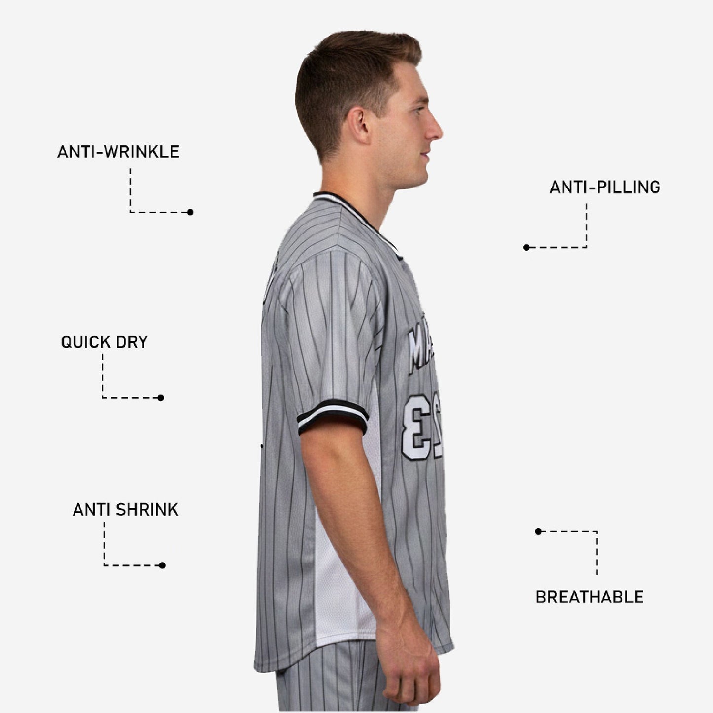 Custom Baseball Uniform Jersey - Youth & Adult Pinstripe Full Button Jersey in Gray