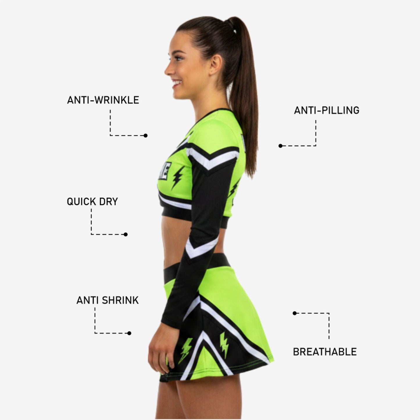 Custom Cheerleading Uniforms Set - Long Sleeve Crop Top & Skirt with Built-in Shorts