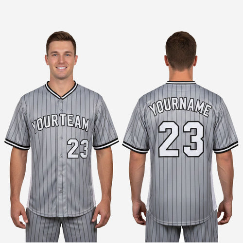 Custom Baseball Uniform Jersey - Youth & Adult Pinstripe Full Button Jersey in Gray