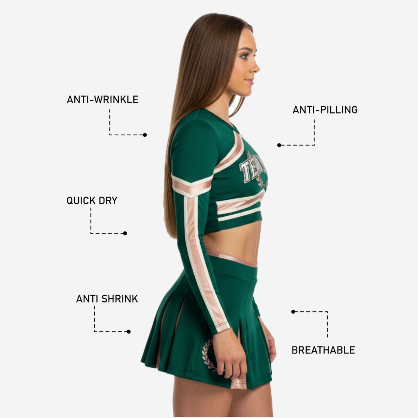 Custom Competition Cheerleading Uniform - Long Sleeve Crop Top & Skirt with Team Customization