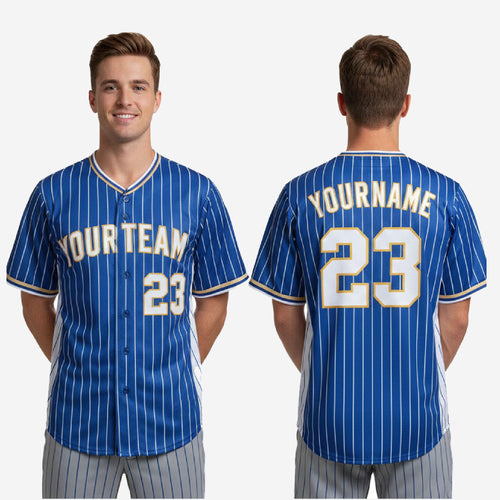 Custom Baseball Uniform Jersey - Youth & Adult Pinstripe Full Button Jersey in Blue