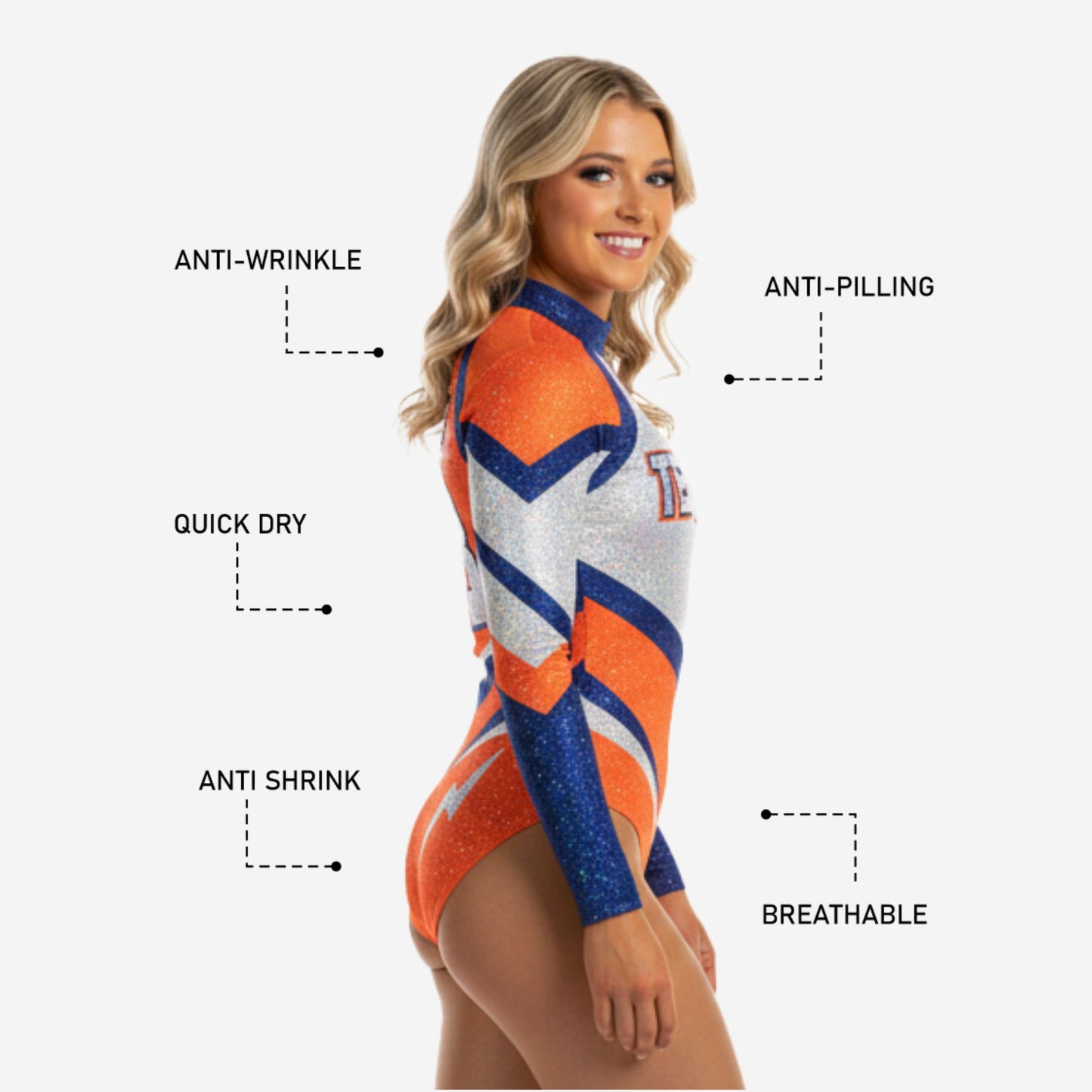 Custom Cheerleading Bodysuit - Orange Navy Silver Sparkle Long Sleeve Uniform