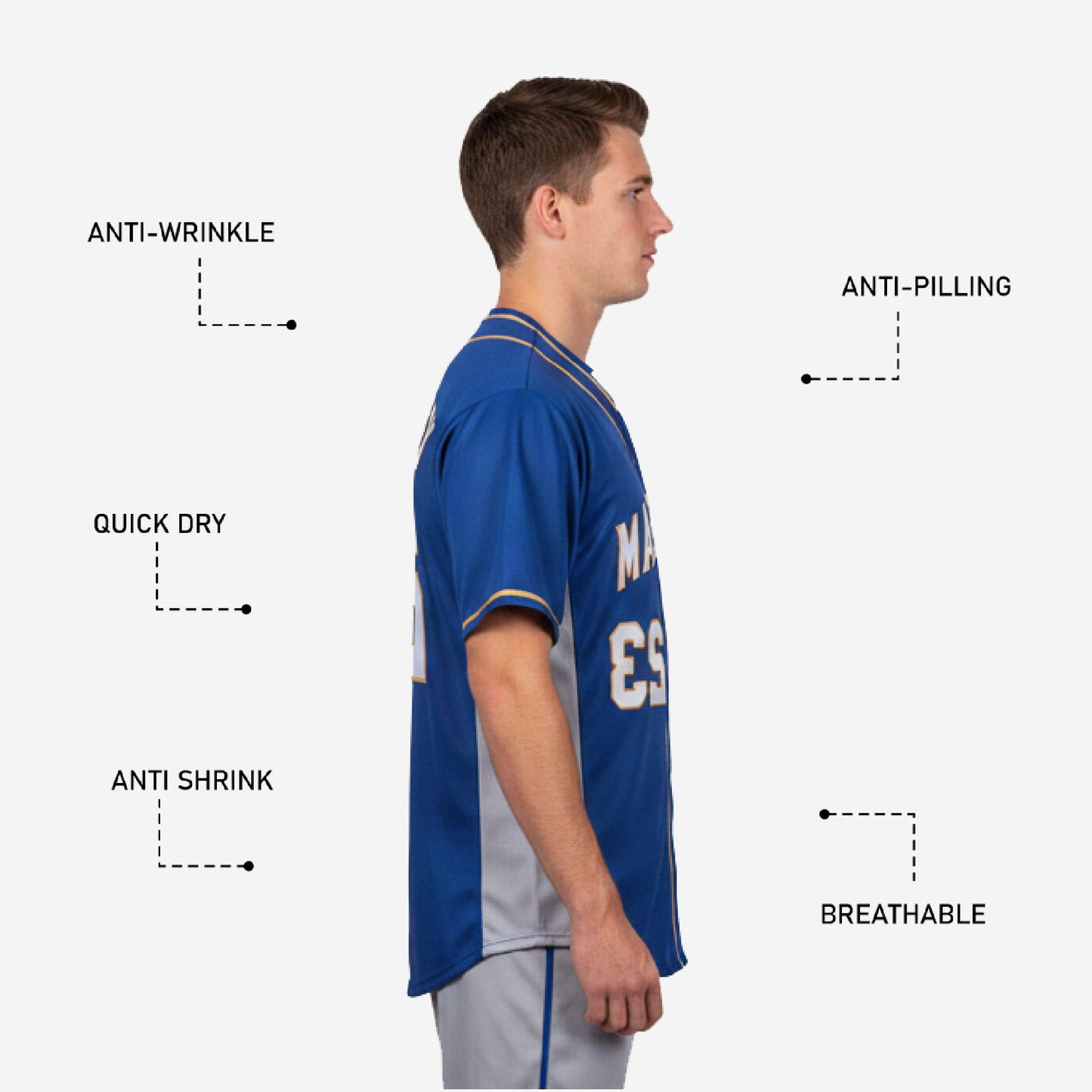 Custom Baseball Jersey in Blue - Full Button Baseball Jersey Team Name & Number