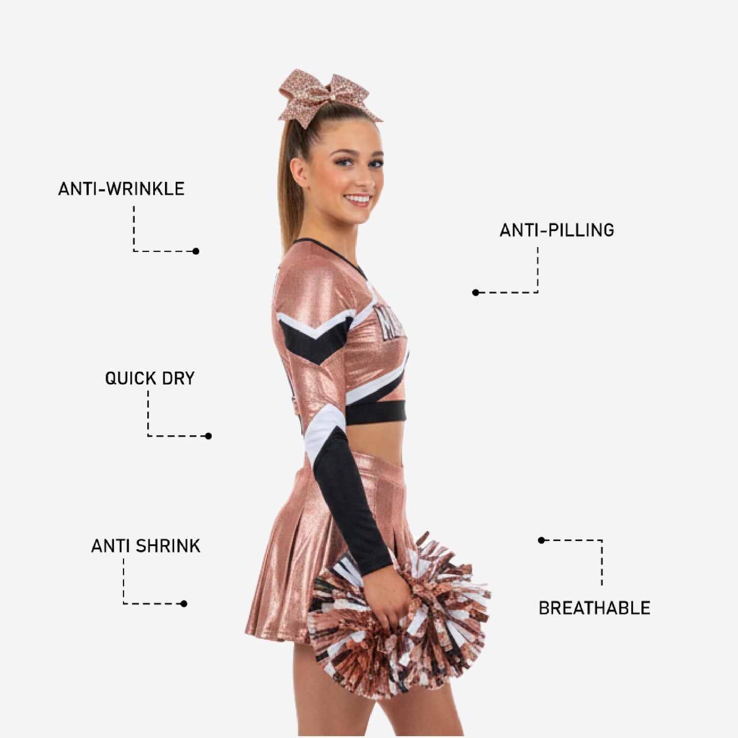 Custom Cheerleading Rose Gold Uniform Set - Long Sleeve Crop Top & Skirt