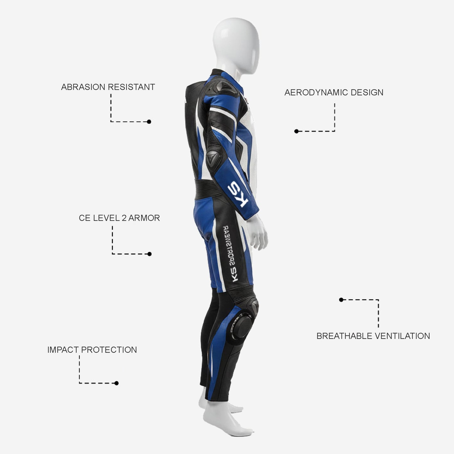 Custom Motorcycle Leather Racing Suit in White & Blue - One Piece Racing Suit