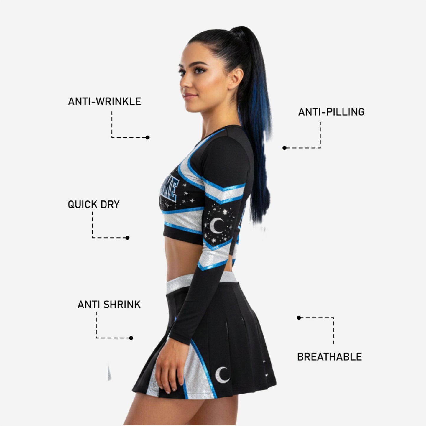 Custom Competition Cheerleading Uniform - Long Sleeve Crop Top & Skirt with Team Customization
