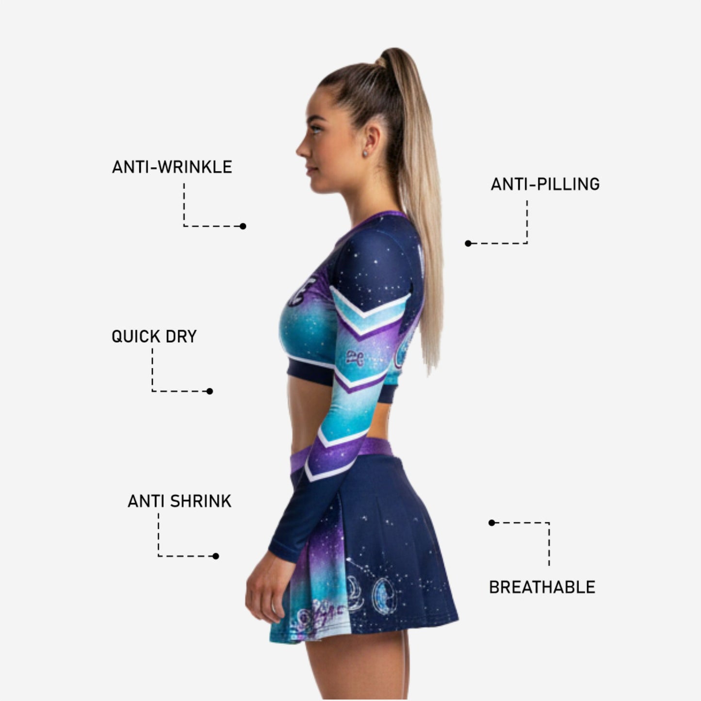 Long Sleeve Custom Cheerleading Uniforms - Crop Top & Skirt Set for Youth & Elite Squads