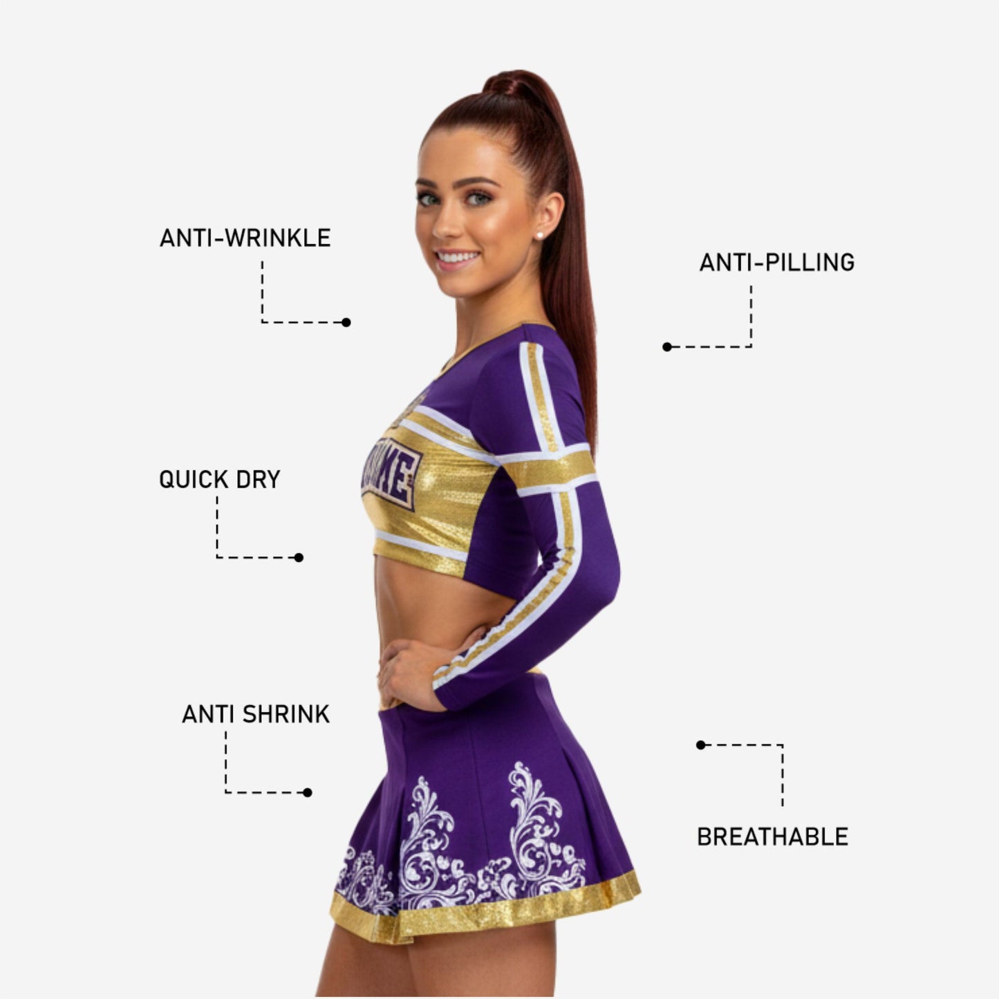 Custom Competition Cheerleading Uniforms - Long Sleeve Top & Skirt Set with Team Name