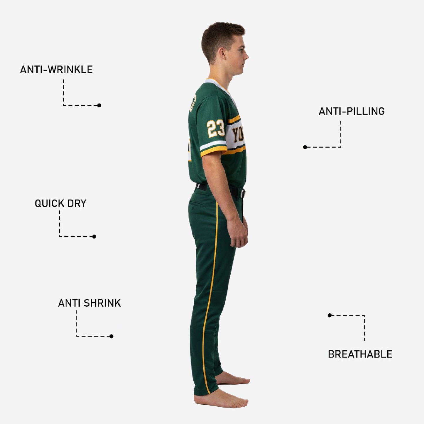 Custom Youth Baseball Uniform Set - V-Neck Jersey & Pants Sublimated in Green