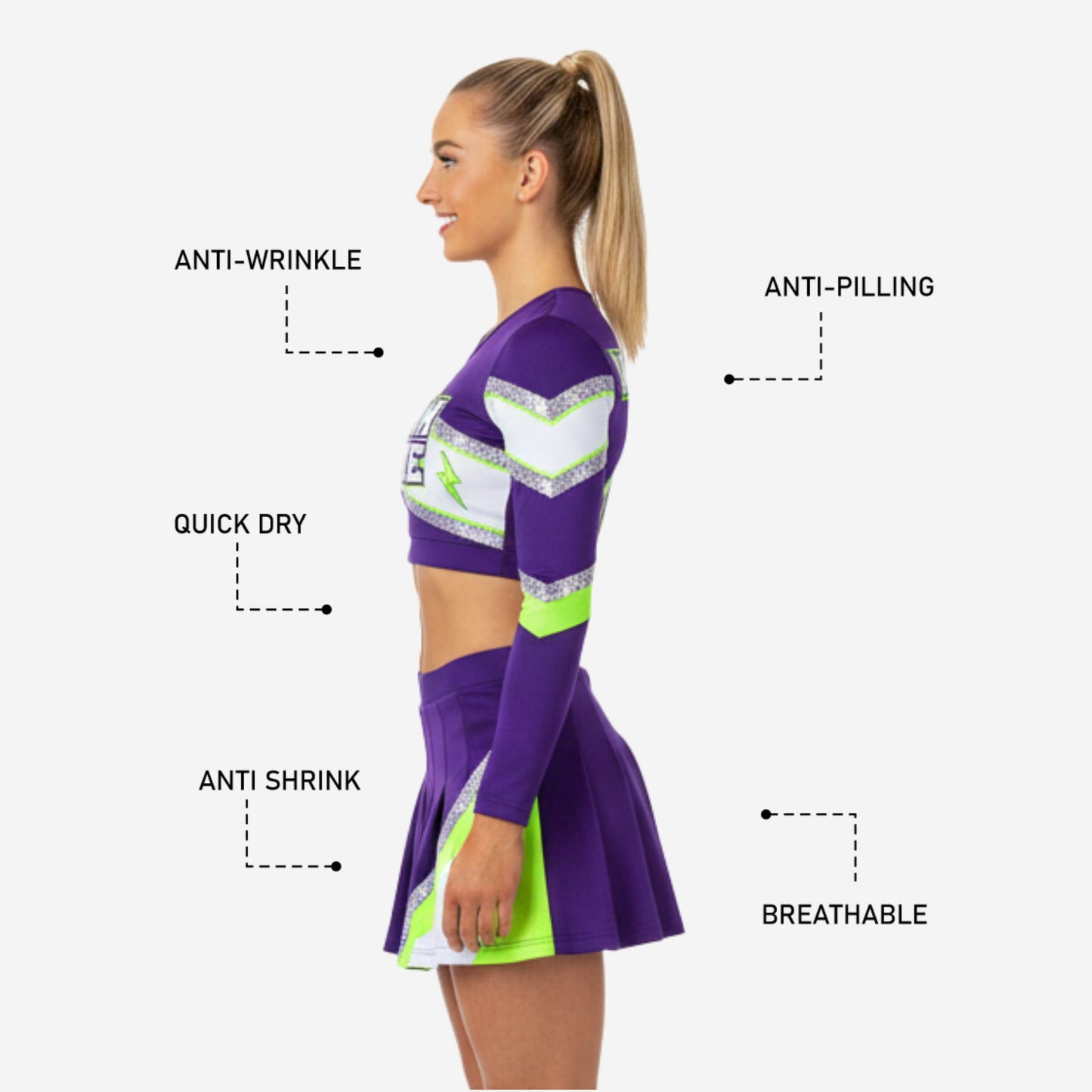 Custom Competition Cheerleading Uniforms - Long Sleeve Top & Skirt Set with Team Name