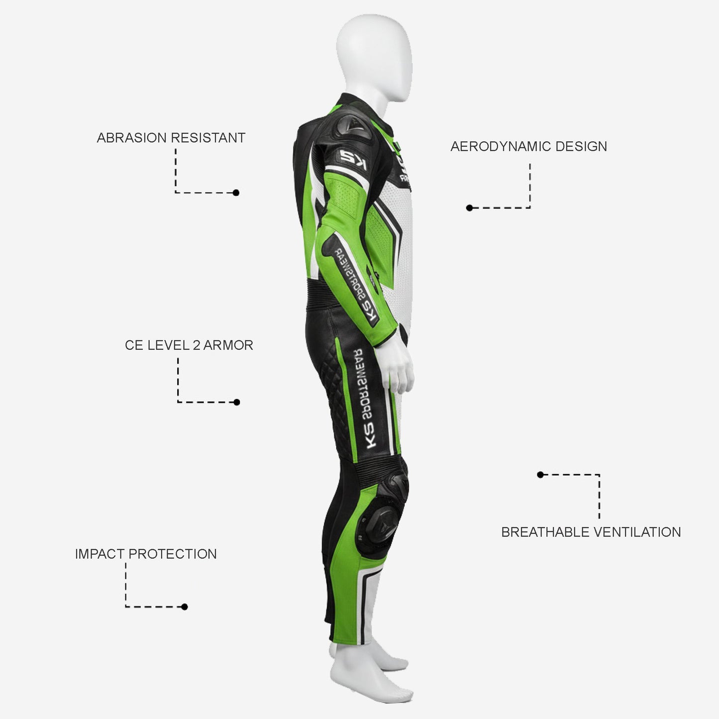 Custom Motorcycle Leather Racing Suit in White & Green - One Piece Racing Suit