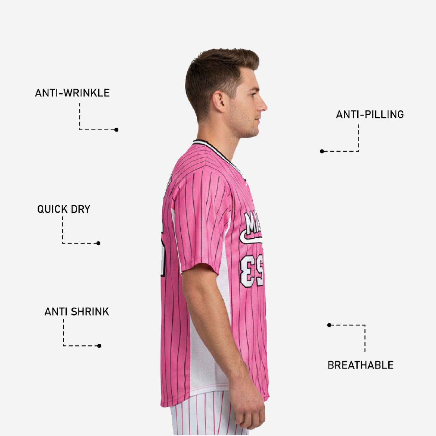 Custom Baseball Uniform Jersey - Youth & Adult Pinstripe Full Button Jersey in Pink