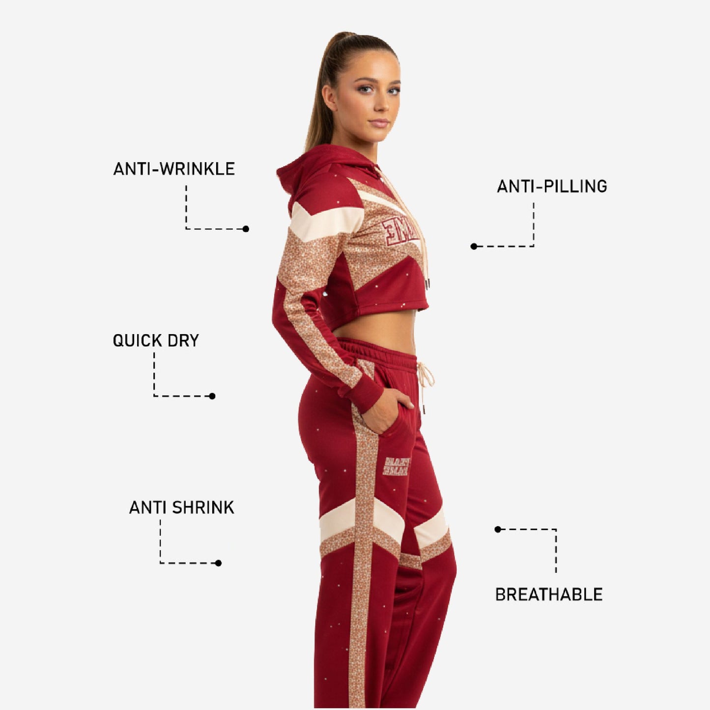 Custom Cheerleading Warmup Set in Red - Crop Hoodie & Pants Team Name Design