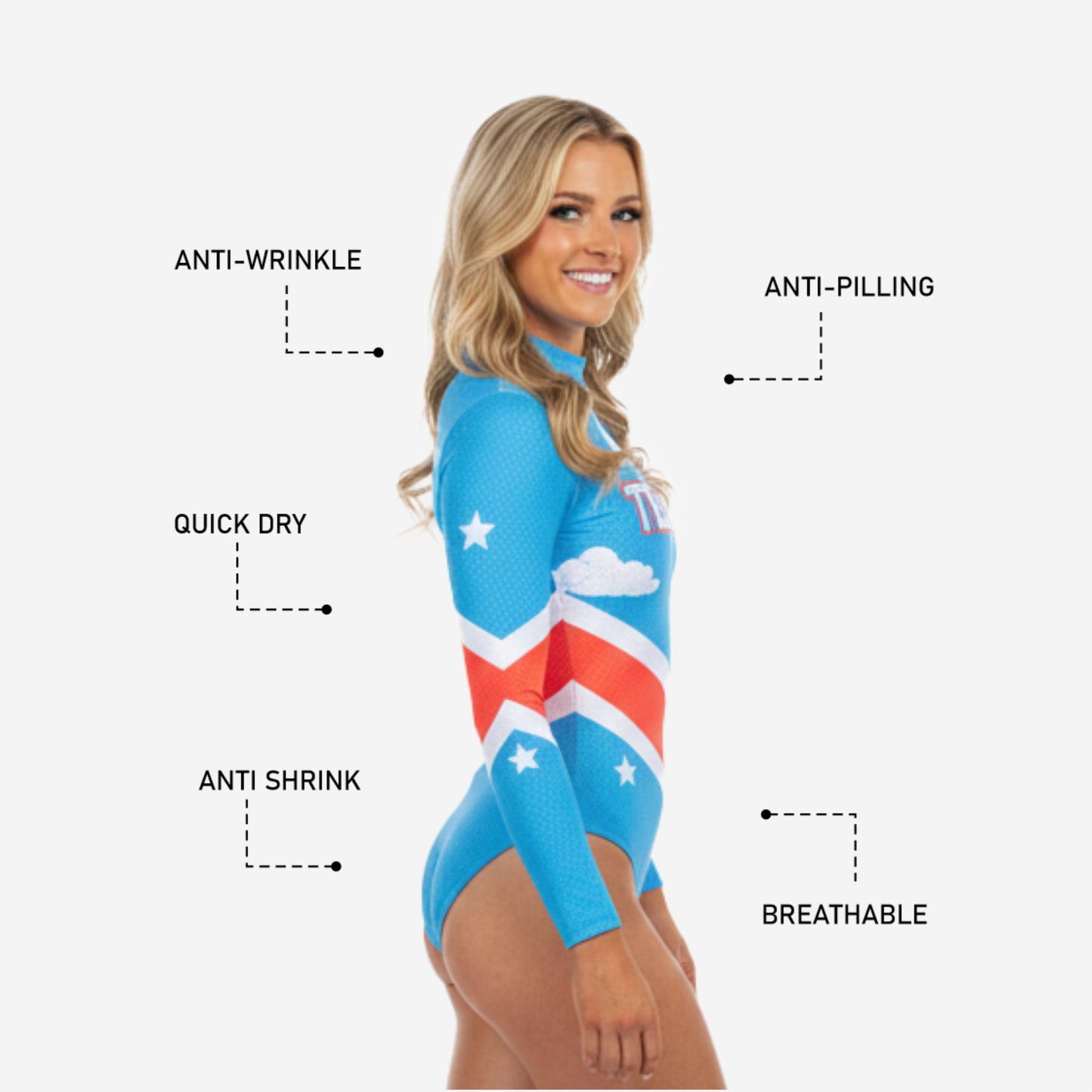Custom Cheerleading Bodysuit - Bright Blue Long Sleeve Uniform