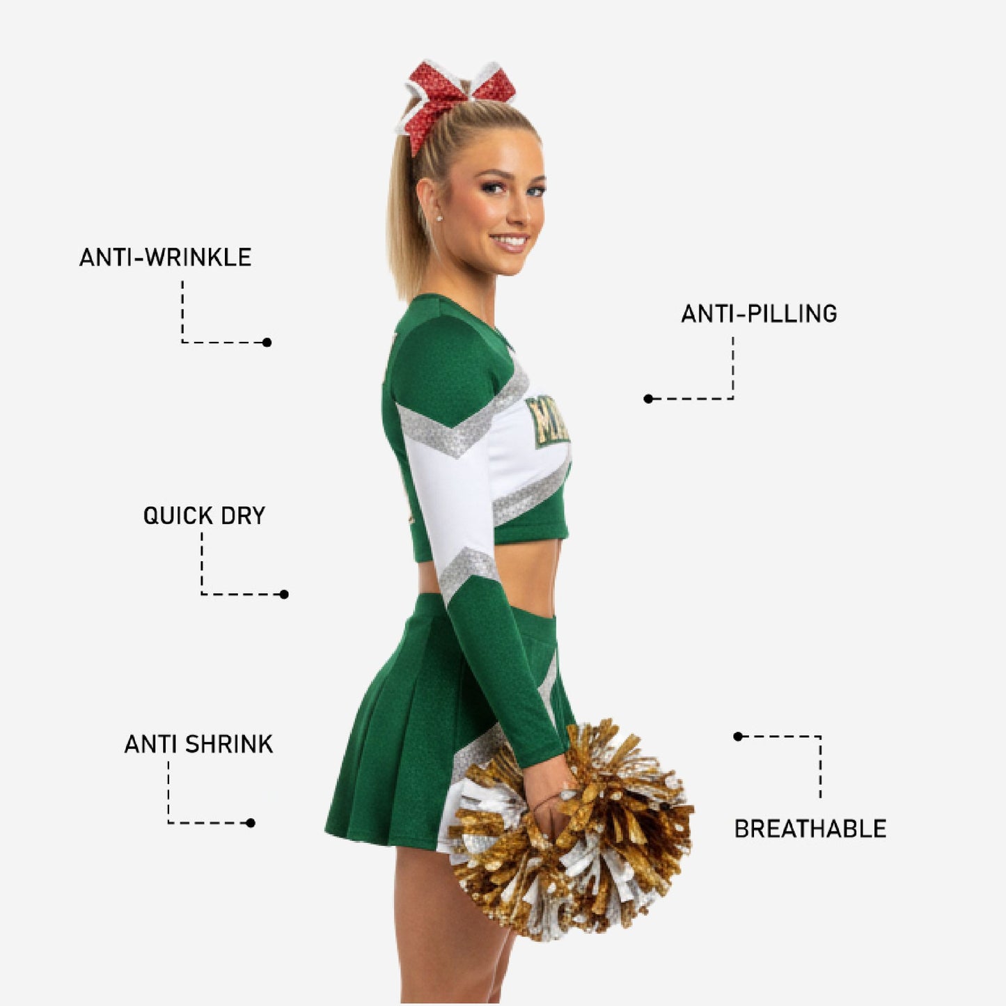 Custom Cheerleading Uniform Set - Long Sleeve Crop Top & Skirt in Green