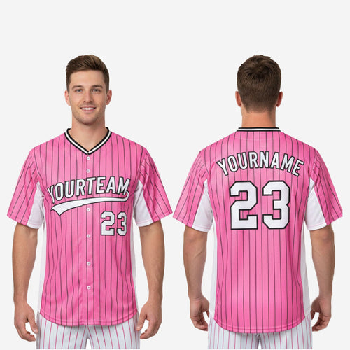 Custom Baseball Uniform Jersey - Youth & Adult Pinstripe Full Button Jersey in Pink