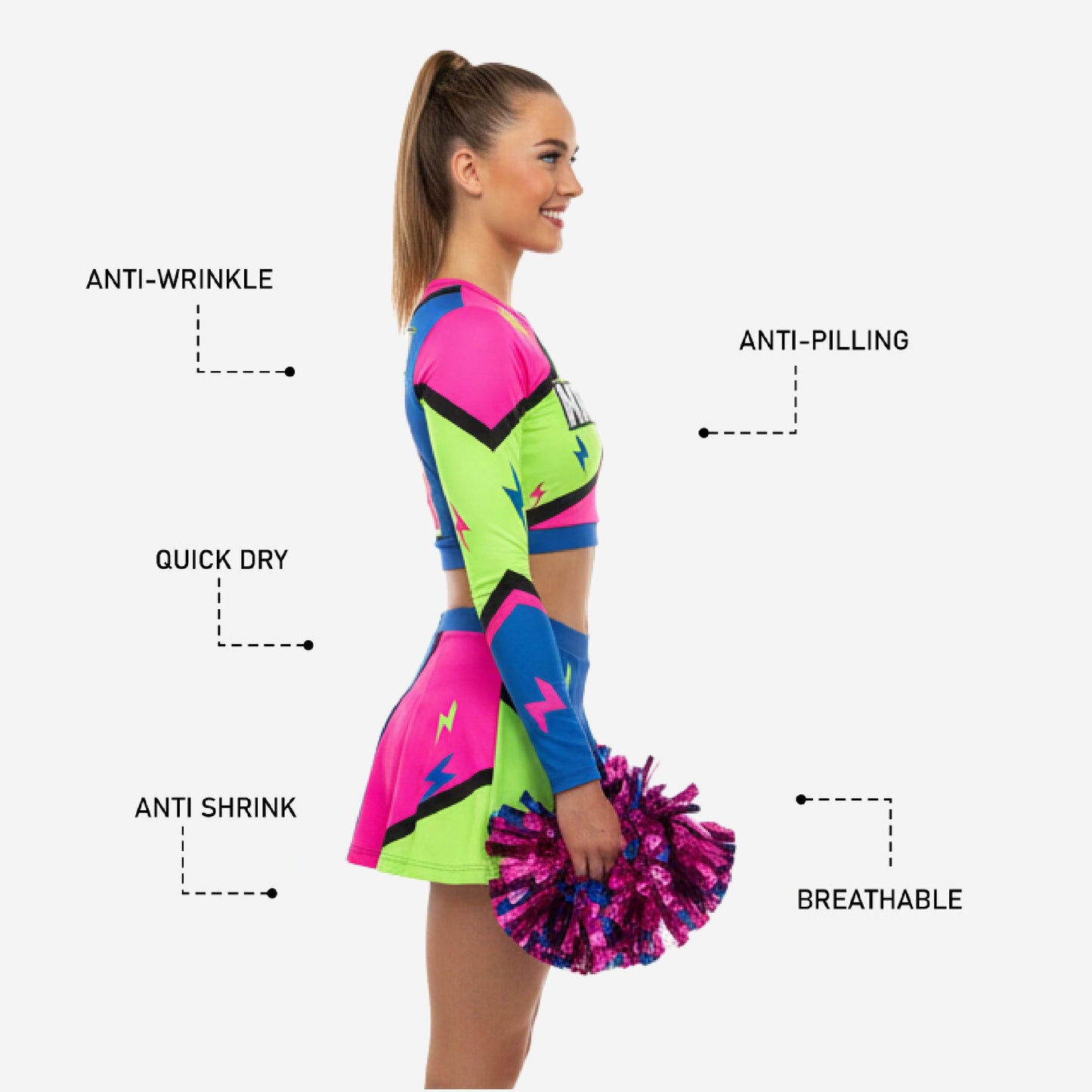 Personalized Multicolor Cheer Uniform - Long Sleeve Crop Top Skirt Competition Set