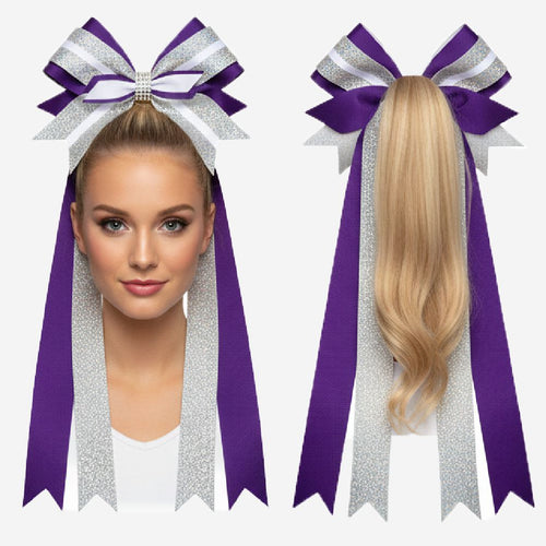 Custom Cheerleading Hair Bow in Purple Silver - Cheer Bow with Streamers