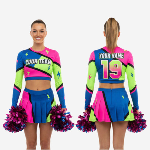Personalized Multicolor Cheer Uniform - Long Sleeve Crop Top Skirt Competition Set
