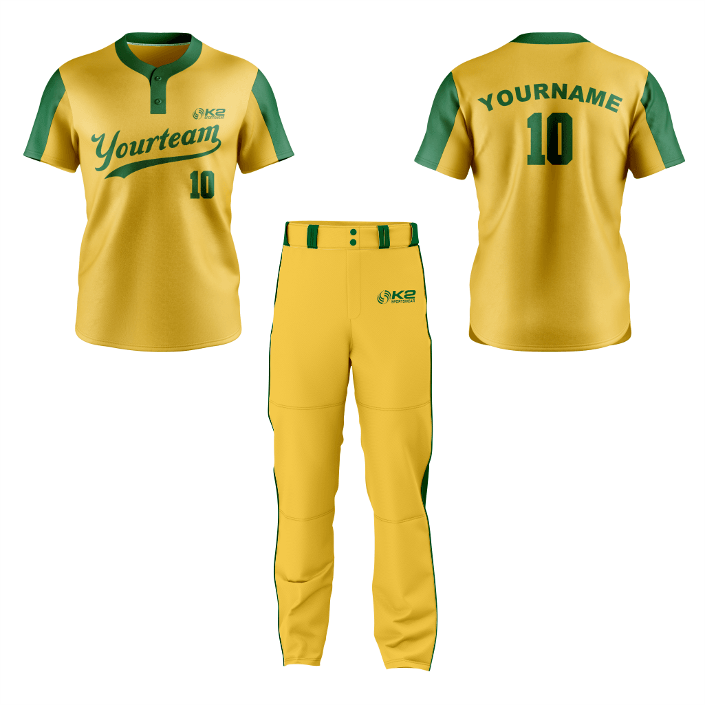 Green and Gold Custom 2-Button Baseball Jersey - K2 Sportswear | Custom Sports Uniforms & Apparels - K2 Sportswear