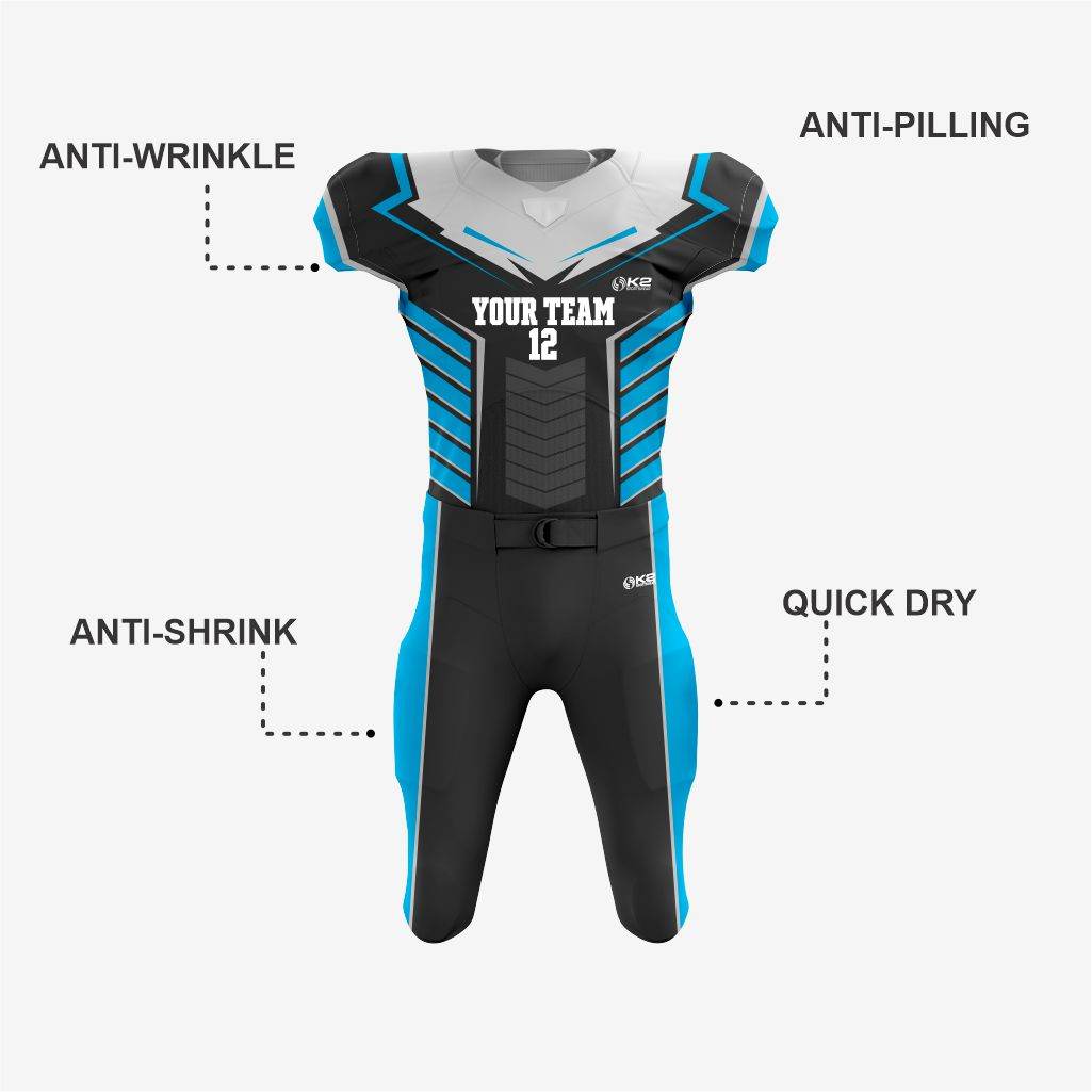 Custom American Football Uniform in Black/Bondi Blue - K2 Sportswear | Custom Sports Uniforms & Apparels - K2 Sportswear