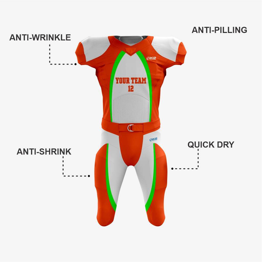 Green/Orange Personalized American Football Uniform for Men/Women/Youth - K2 Sportswear | Custom Sports Uniforms & Apparels - K2 Sportswear