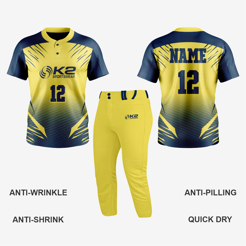 Custom Softball 2 Button Jersey/Pant in Yellow/Blue - K2 Sportswear | Custom Sports Uniforms & Apparels - K2 Sportswear