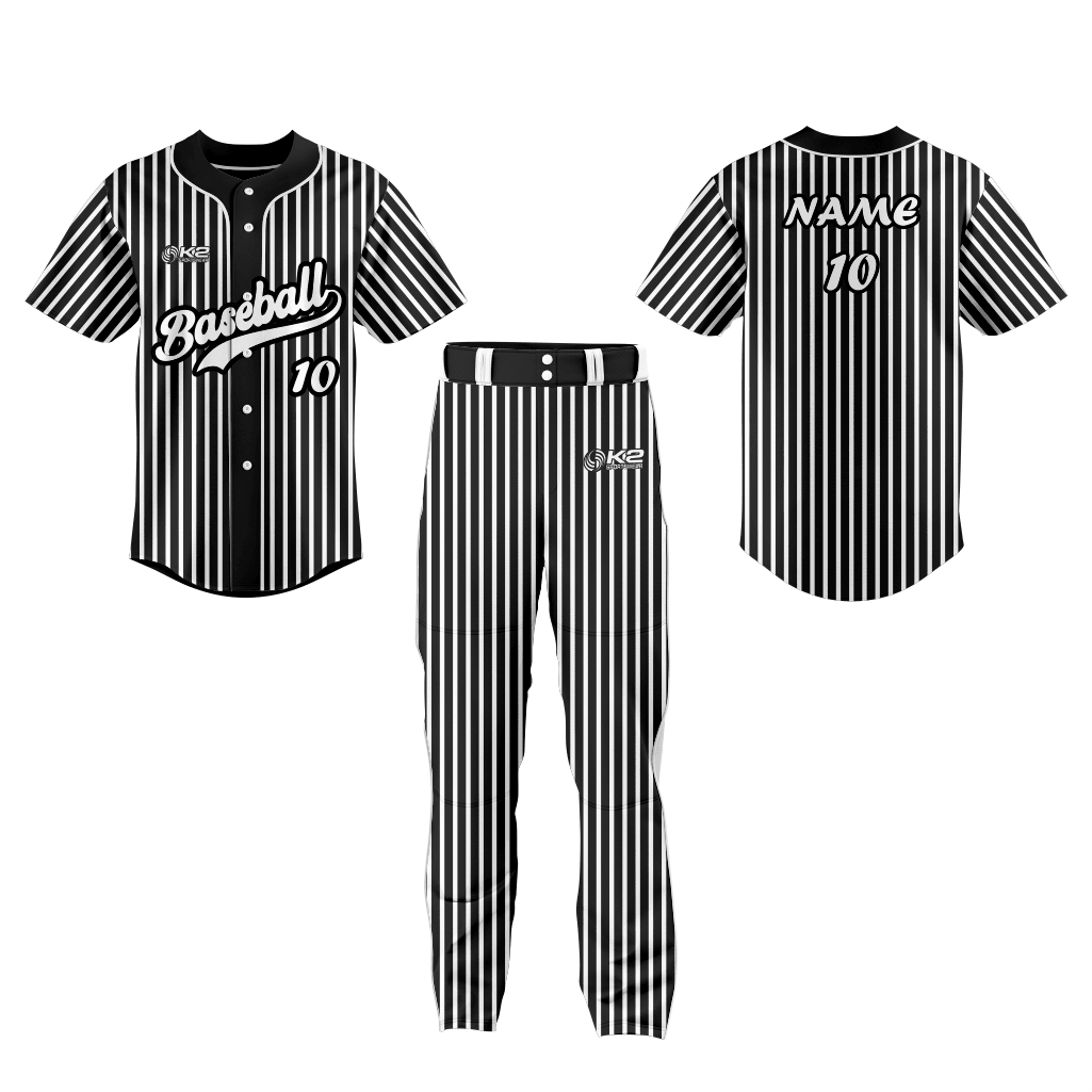 Full-Button Custom Baseball Jersey in Black and White - K2 Sportswear | Custom Sports Uniforms & Apparels - K2 Sportswear