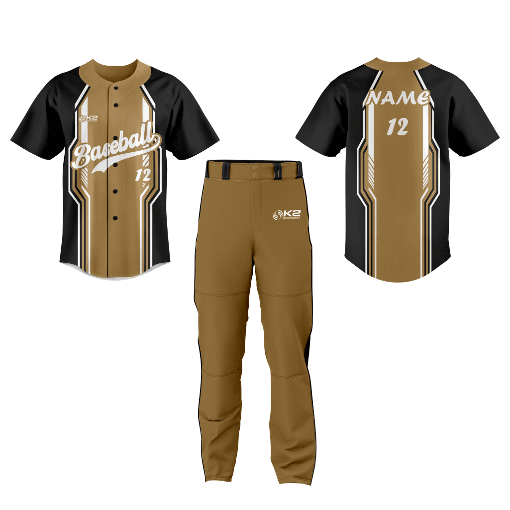 Personalized Full-Button Baseball Jersey – Black & Tan - K2 Sportswear | Custom Sports Uniforms & Apparels - K2 Sportswear