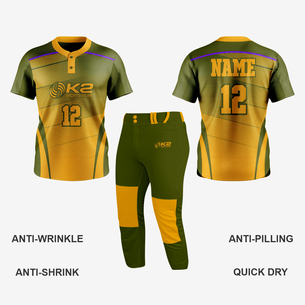 Custom Softball 2 Button Jersey/Pant in Army Green/Gold - K2 Sportswear | Custom Sports Uniforms & Apparels - K2 Sportswear