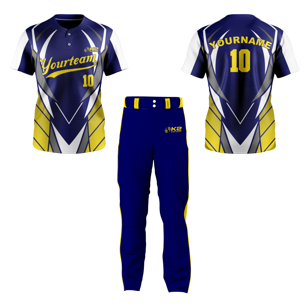 Men's Personalized 2-Button Baseball Jersey in Dark Purple and Yellow - K2 Sportswear | Custom Sports Uniforms & Apparels - K2 Sportswear