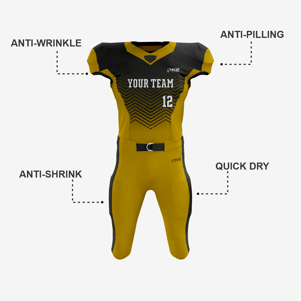 Customizable Gold and Black Football Jersey and Pant - K2 Sportswear | Custom Sports Uniforms & Apparels - K2 Sportswear