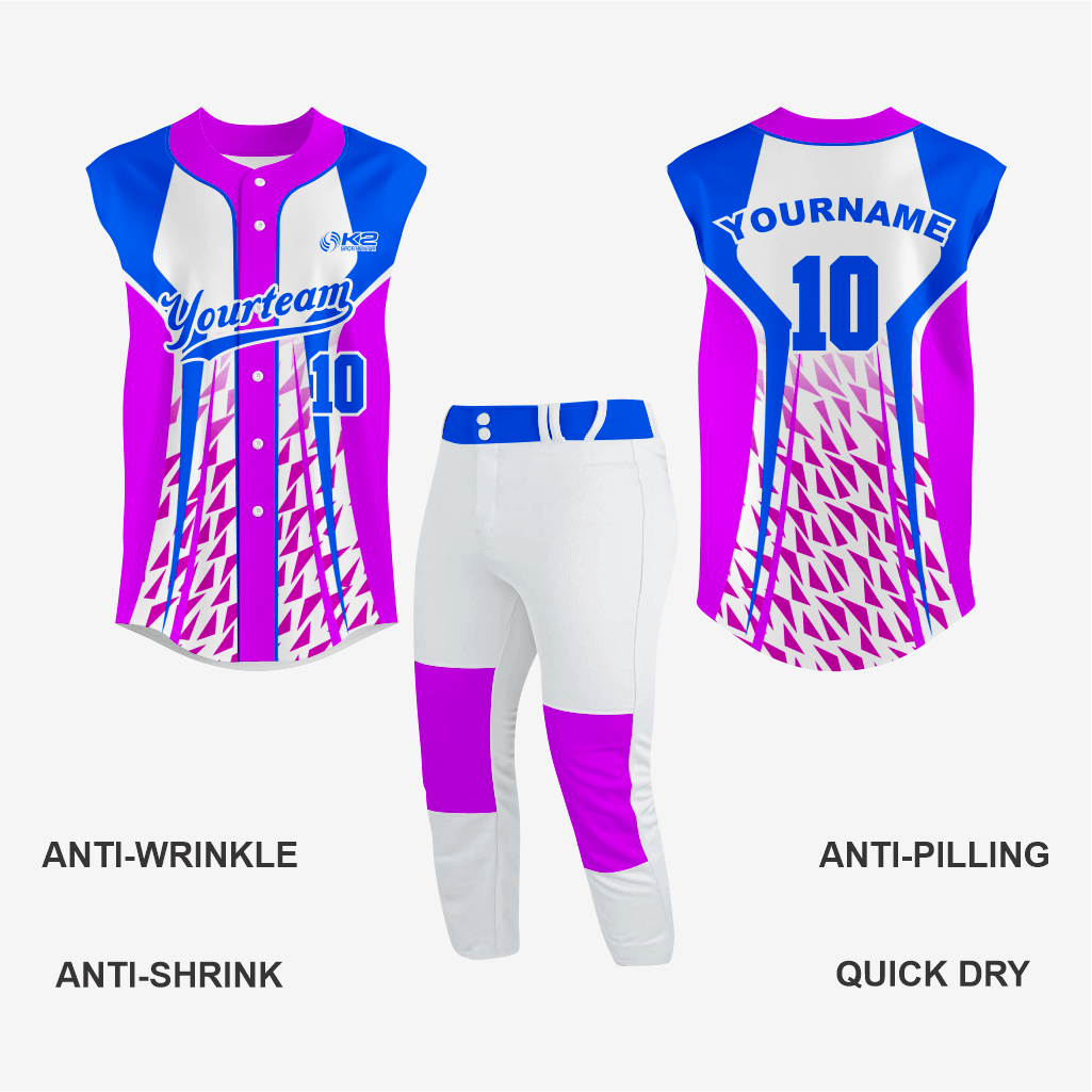 Personalized Magenta/Blue Sleeveless Full Button Softball Jersey – Pro Fit - K2 Sportswear | Custom Sports Uniforms & Apparels - K2 Sportswear