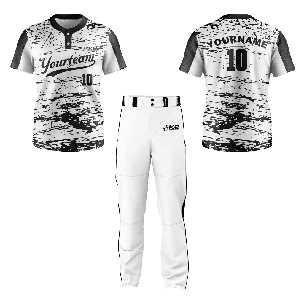 Baseball 2 Button Short Sleeve Jerseys in White and Black - K2 Sportswear | Custom Sports Uniforms & Apparels - K2 Sportswear